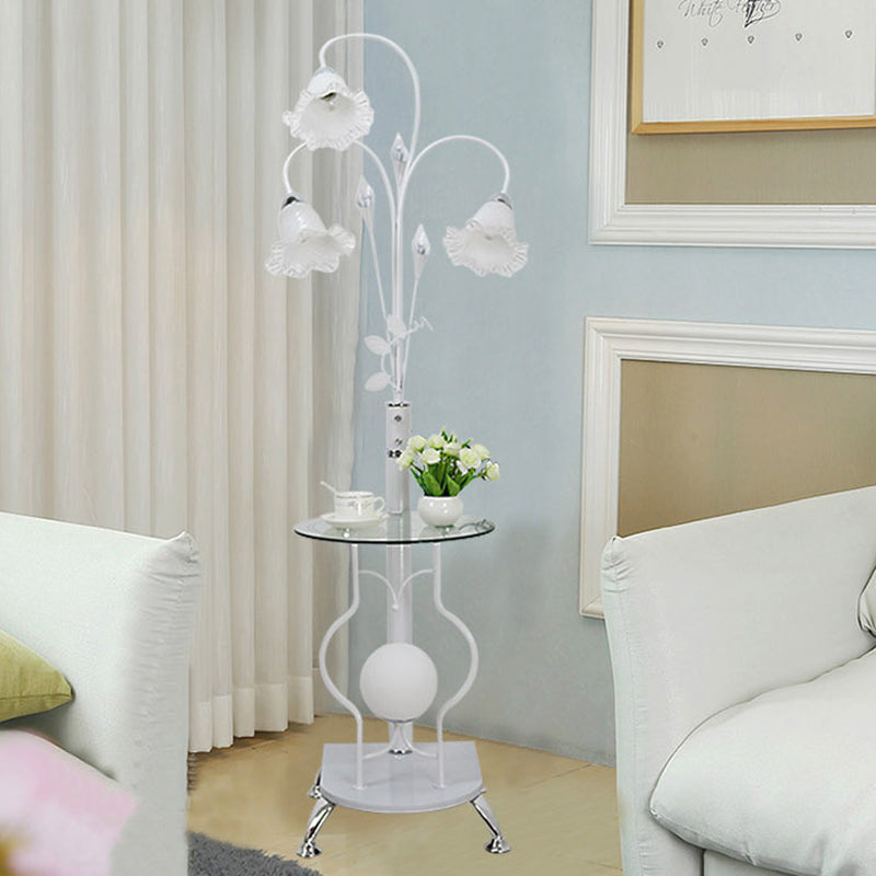 Black/White 3-Bulb Floor Light Countryside Metal Curved Arm Standing Lamp with Floral Glass Shade