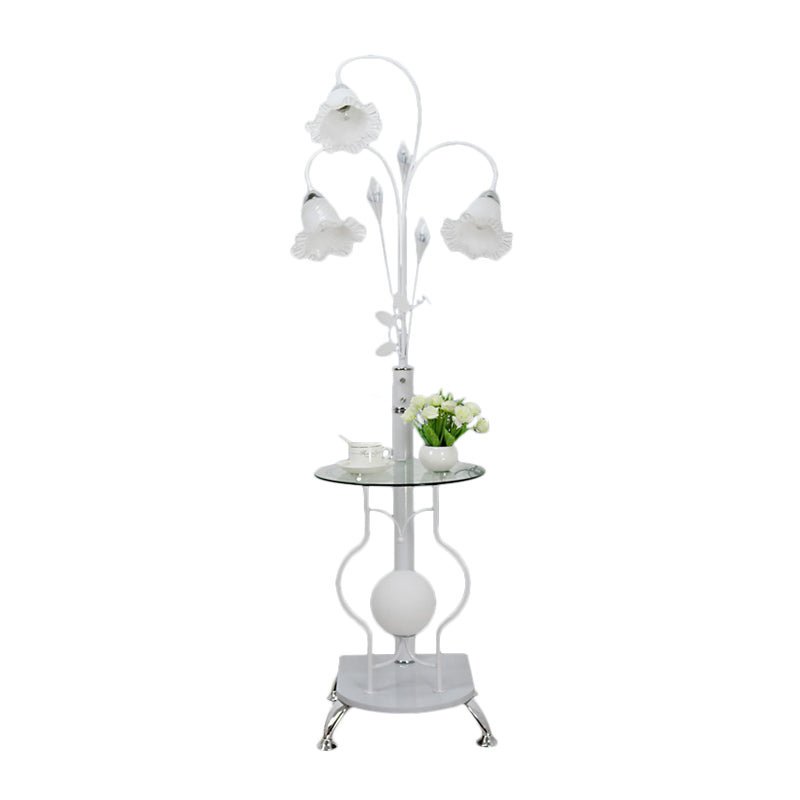 Black/White 3-Bulb Floor Light Countryside Metal Curved Arm Standing Lamp with Floral Glass Shade