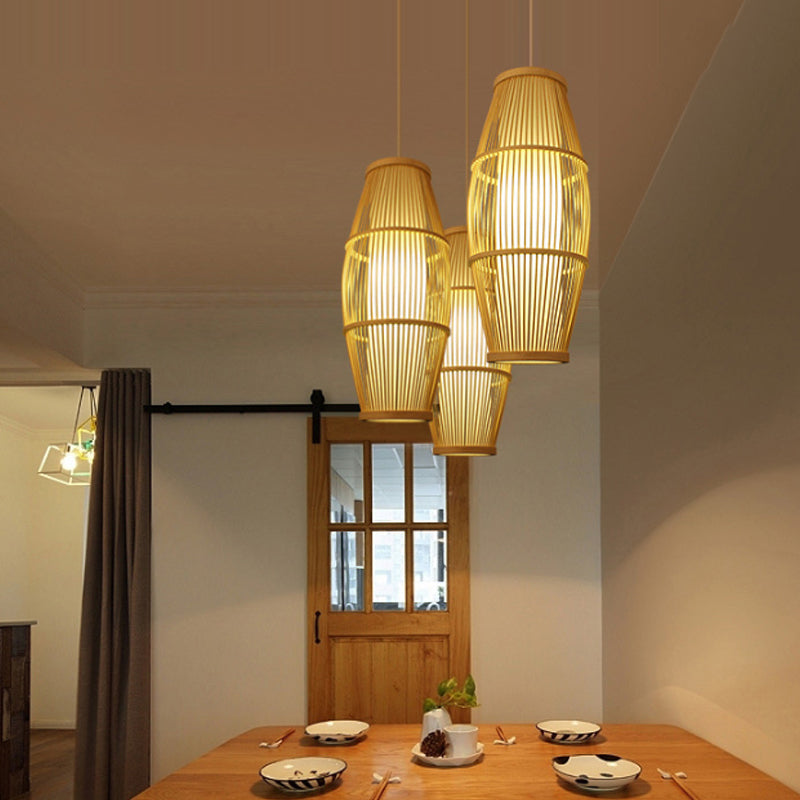 Asian Ellipse Shade Hanging Light for Restaurant Hand Made Bamboo Suspension Light in Beige