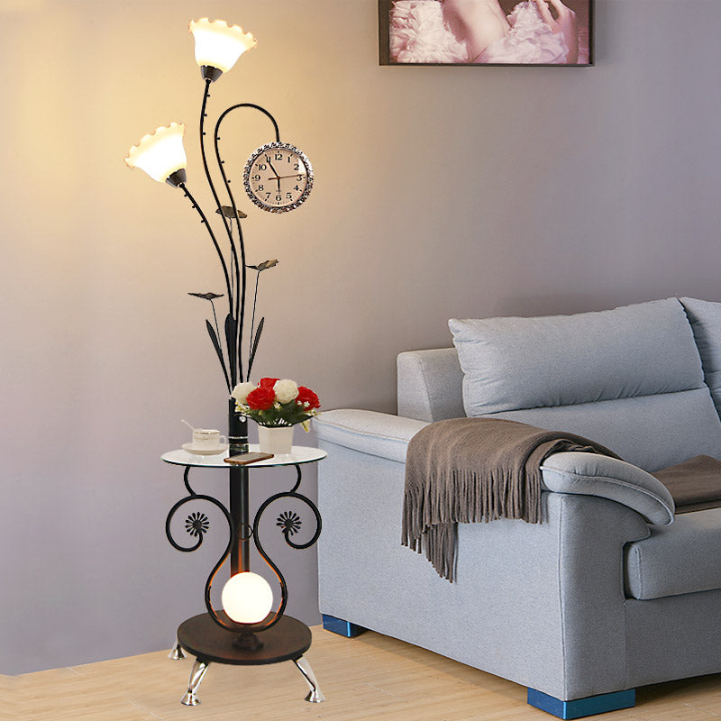 2-Head Tree Shaped Standing Floor Lamp Rural Style Black/White Metallic Floor Light for Bedroom