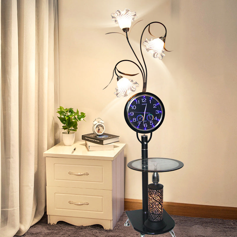 Crystal Black/White Floor Reading Lamp Floral Shade 3 Bulbs Countryside Style Standing Light with Clock Accent