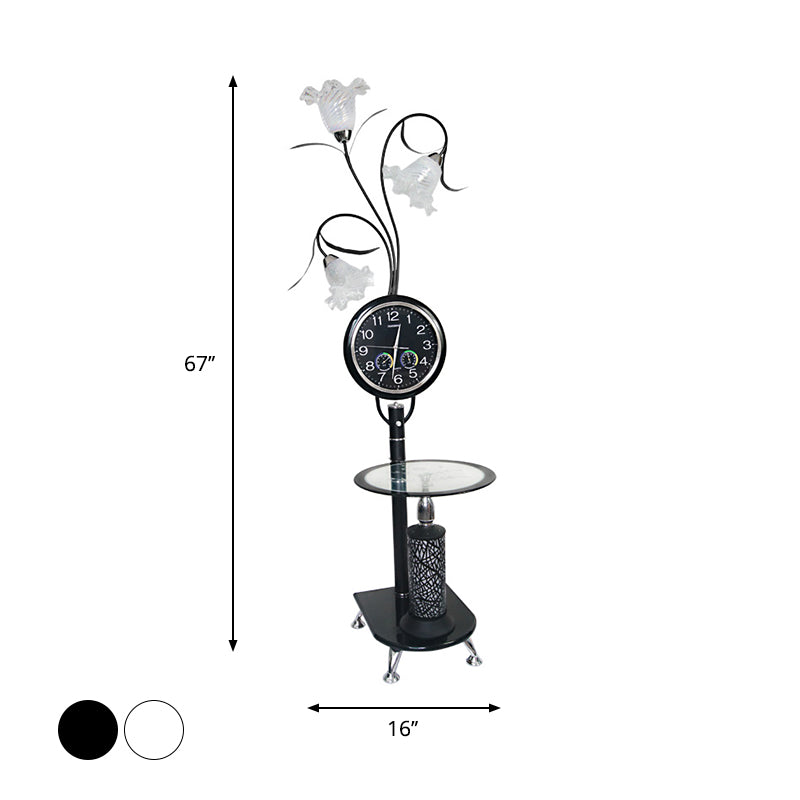 Crystal Black/White Floor Lámpara de lectura Sombra Floral 3 Bulbos Estilo de campo Luz de pie con acento de reloj