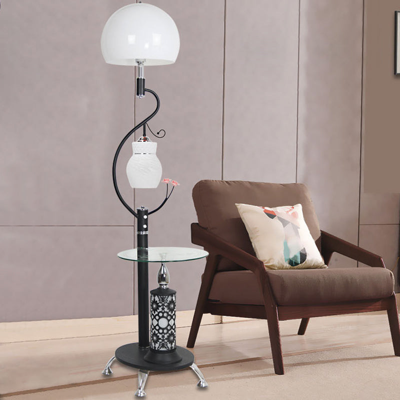 Black/White Dome Shade Task Floor Lamp Countryside Style Beveled Crystal 2-Bulb Standing Light