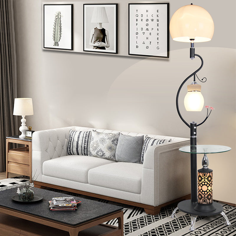 Black/White Dome Shade Task Floor Lamp Countryside Style Beveled Crystal 2-Bulb Standing Light