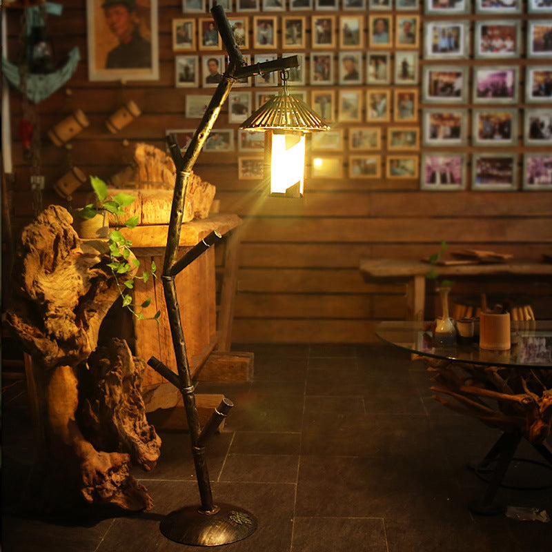 Lámpara de diseño de árbol negro Metálico Rural 1 bombilla Cafetería Luz de piso con sombra de cristal