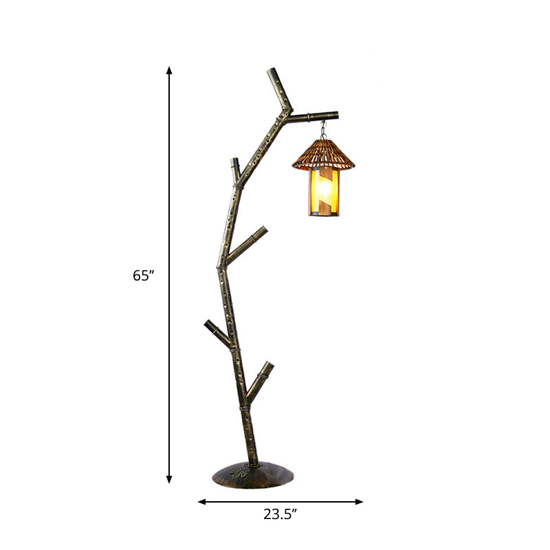 Lampada del pavimento del design degli alberi neri rurale rurale metallizzato 1-bulbone lampada da pavimento in barra con tonalità in cristallo a botte