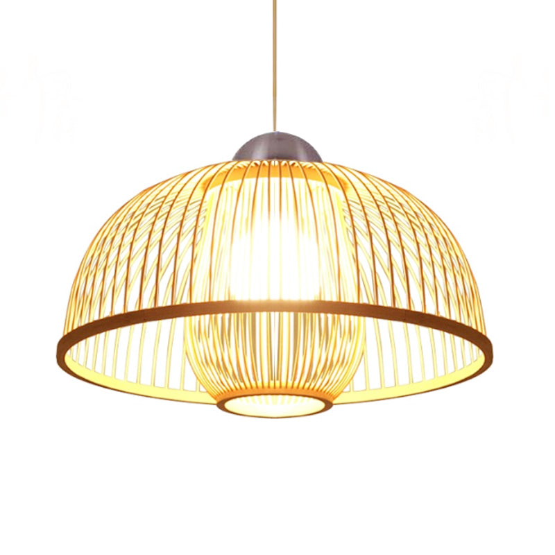 Single Head Dome Shade Hanging Lamp Asian Bamboo Ceiling Drop Light over Dining Table