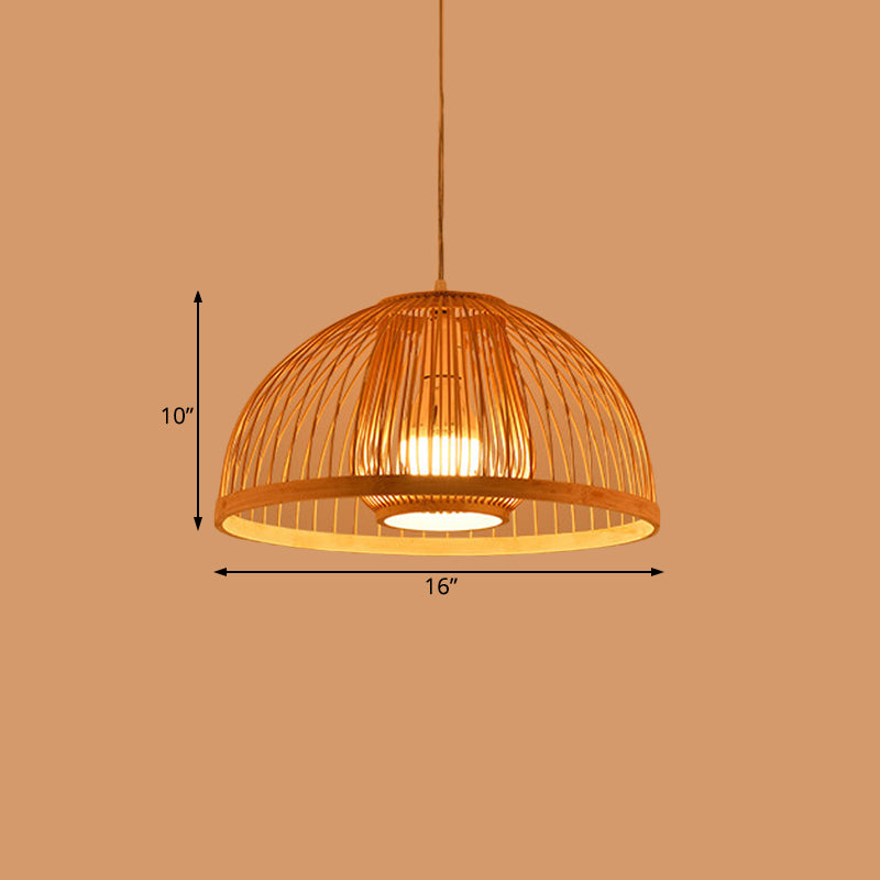 Asian Style Domed Hanging Light Bamboo Single Bulb Pendant Lamp over Dining Table, 16"/18" Diameter