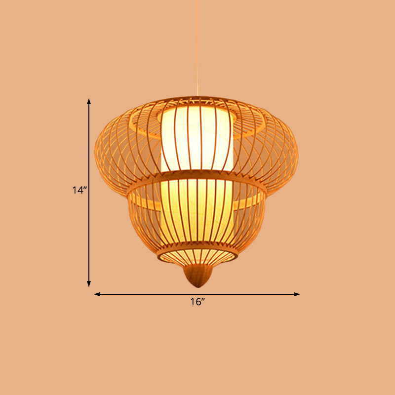 Beige Lantern Hanging Pendant for Restaurant Asian Bamboo Single Head Hanging Light, 16"/19.5" Diameter