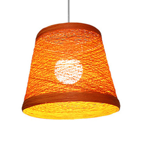 Rattan Trapezoid Hanging Pendant Lamp Rustic One Head Suspension Lighting in Red/Orange/White/Brown/Begie