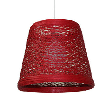 Rattan Trapezoid Hanging Pendant Lamp Rustic One Head Suspension Lighting in Red/Orange/White/Brown/Begie