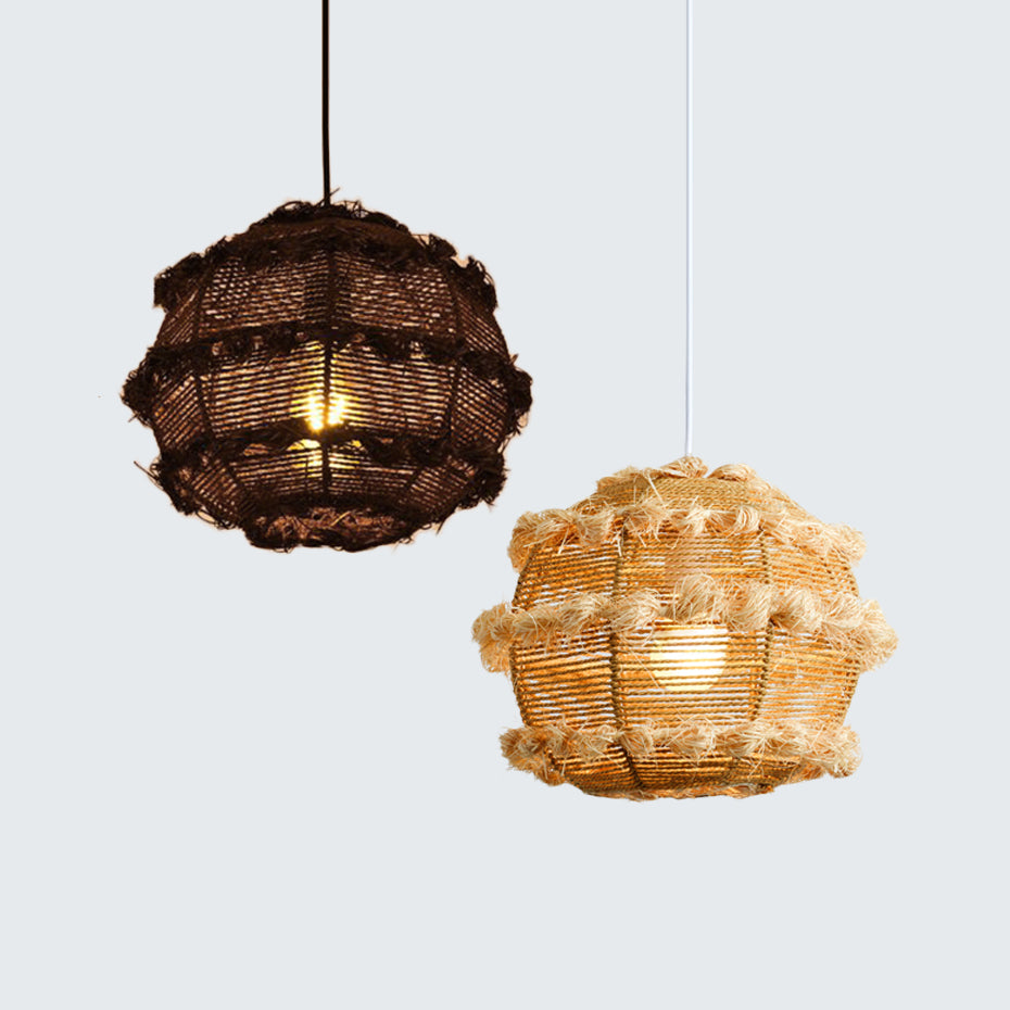 Rattan Globe Hanging Light over Table Rustic 1-Head Pendant Luminaire in Beige/Black