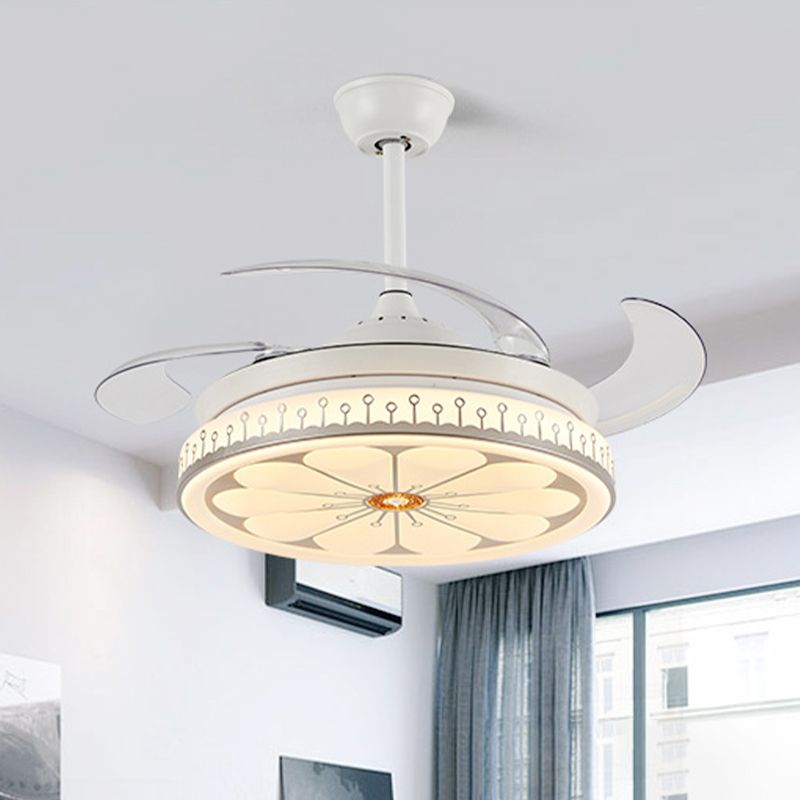 42" Wide LED Semi Flush Mount Light Simple Flower Pattern Metal Ceiling Fan Lamp in White with 4 Blades, Remote/Wall Control/Frequency Conversion and Remote Control