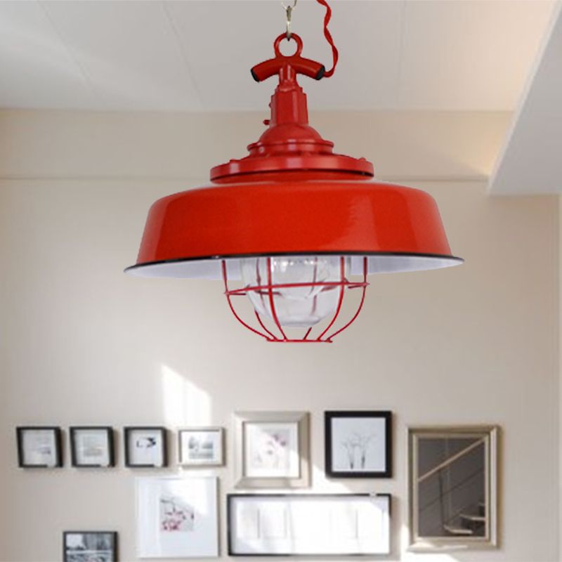 Barn Shade Restaurant Pendant Light Industrial Metal 1-Light Red Hanging Lamp with Wire and Chain