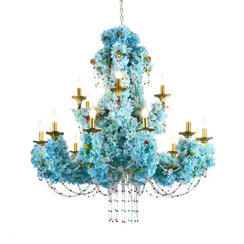 Blue Candelabra LED Chandelier Light Vintage Metal 12 Lights Restaurant Flower Drop Lamp with Crystal Accent