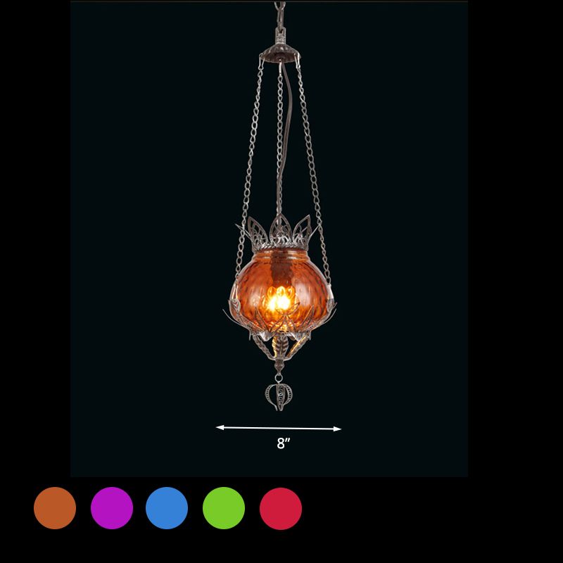 1 Light Coffee Shop Ceiling Suspension Lamp Moroccan Aged Silver Pendant Light Fixture with Bubble Red/Yellow/Blue Glass Shade