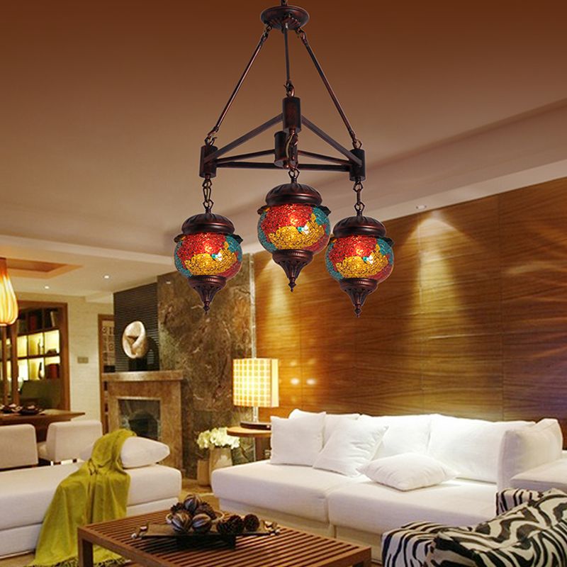 3 bulbes Ball Chandelier Pendant Lighting traditionnel Kit de lampe de suspension de verre bleu rouge traditionnel pour le salon