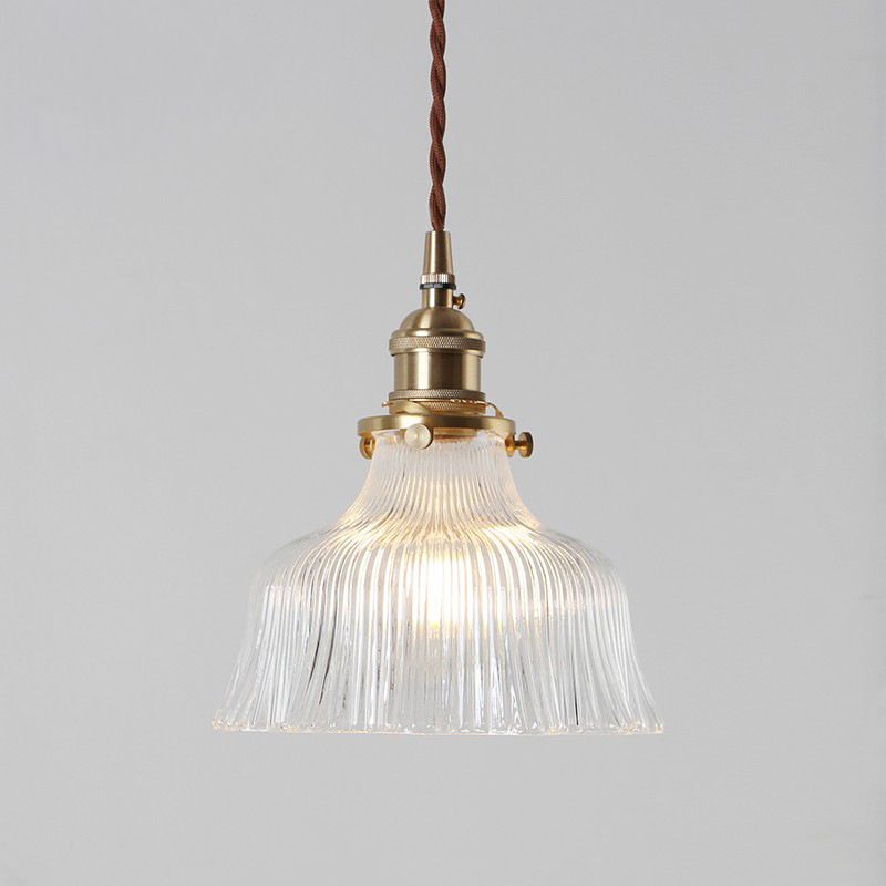 Pleated Clear Glass Pendant Lamp Nautical 1-Light Restaurant Ceiling Light in Brass