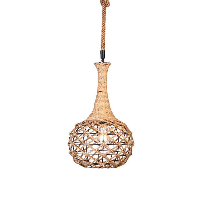 Nautische bol kooi hangende hanglamp 1 licht metalen en touw suspensie licht in beige voor eetkamer