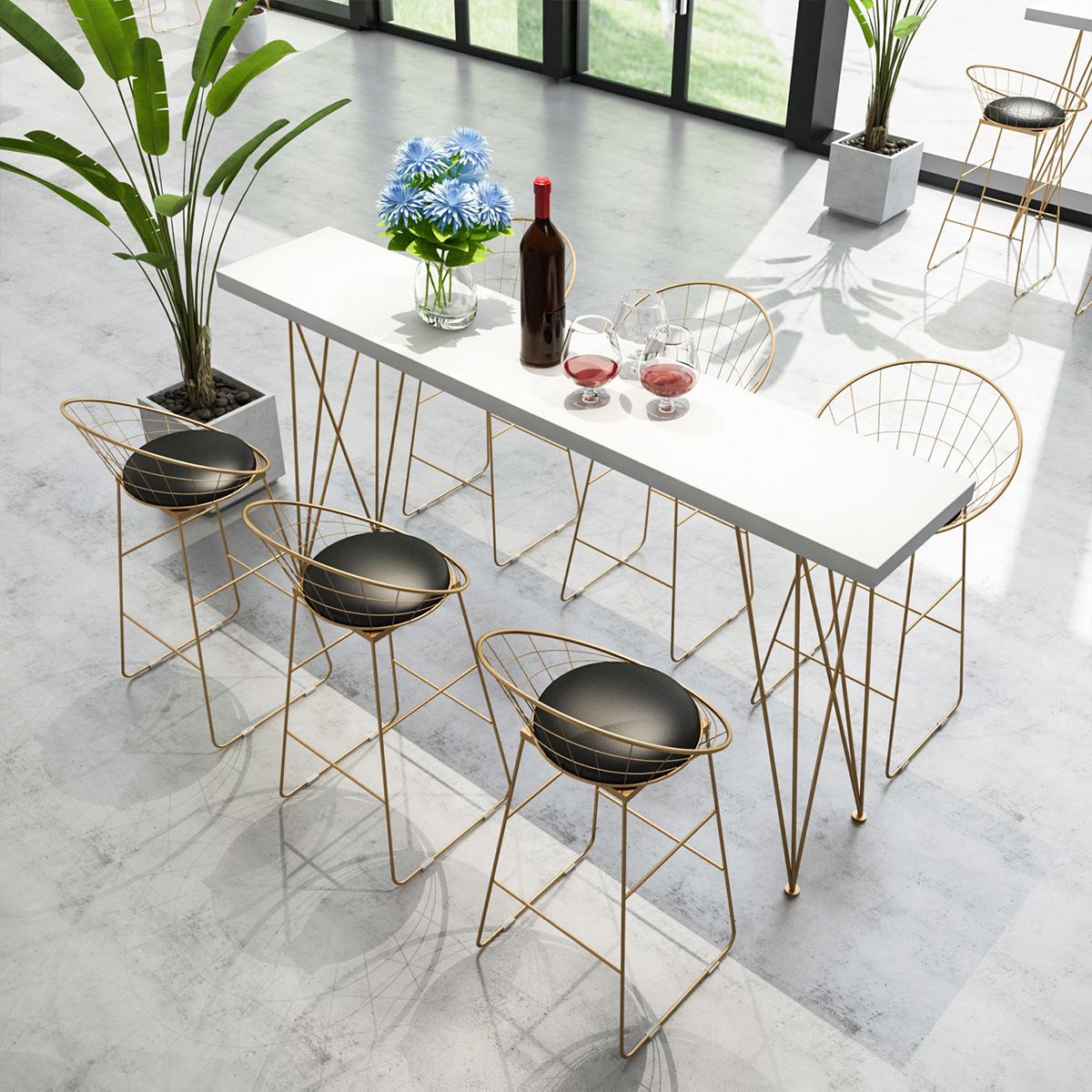 Gold Glam Style Bar Table in Iron Top and Faux Marble Milk Tea Shop Bar Table, Only Table