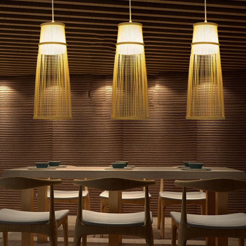 Hand-Knitted Bamboo Pendant Lighting Asian Style 1 Light Beige Hanging Lamp for Dining Room