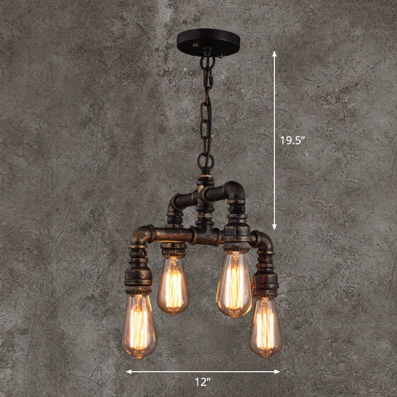 Industrial Plumbing Pipe Chandelier Pendant Light 4 Bulbs Iron Hanging Light in Rust