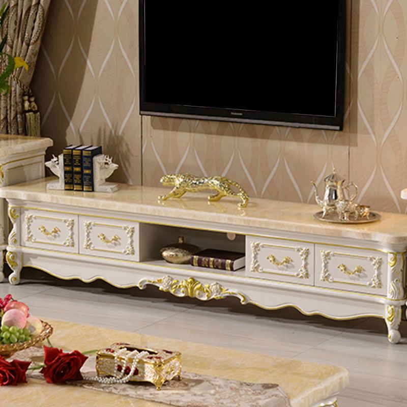 Traditional Marble Top TV Cabinet Solid Wood Crafted TV Stand for Living Room