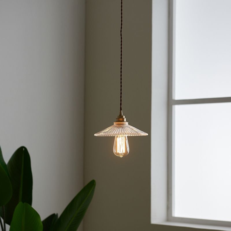 Industrial Style Brass Hanging Lamp Cone Shade 1 Light Fluted Glass Pendant Lamp for Restaurant