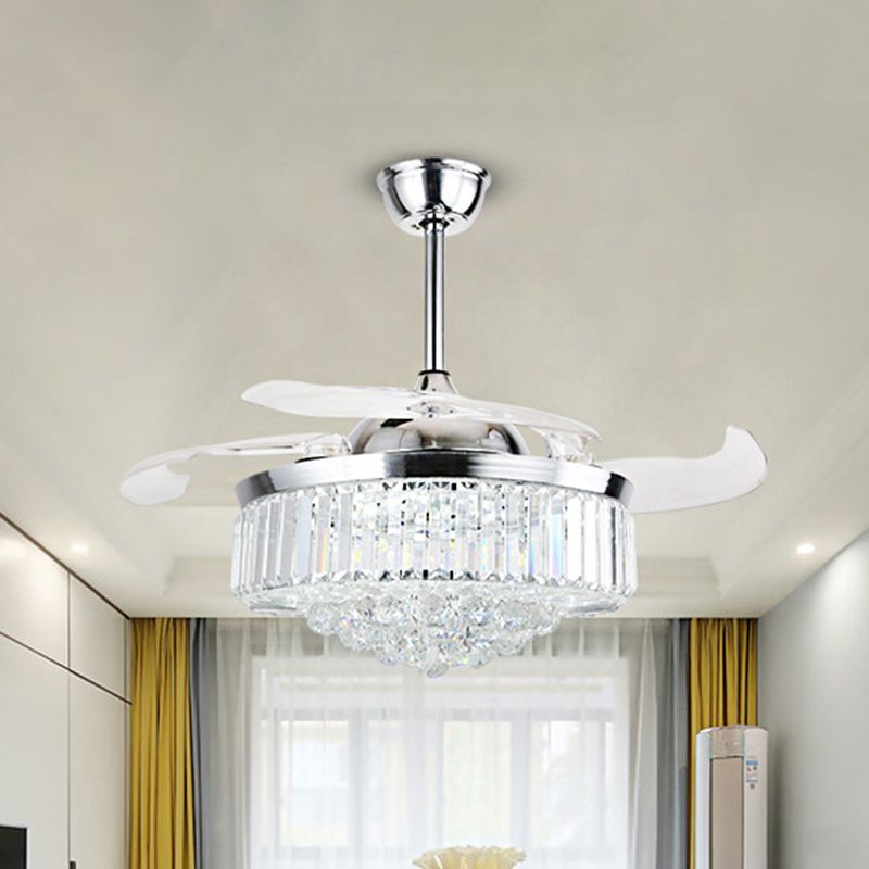 16" W Circle Semi Mount Lighting Modernism Crystal LED Chrome Pendant Fan Light Fixture with 3-Blade