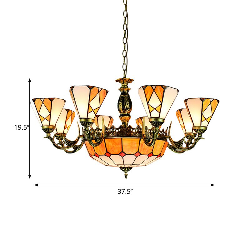 Bowl Ceiling Chandelier 11 Lights Stained Glass Vintage Pendant Lighting in Yellow