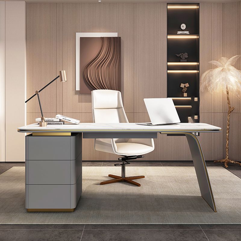 Modern Stone Office Desk Rectangular Shape Task Desk with 4-Drawers in White