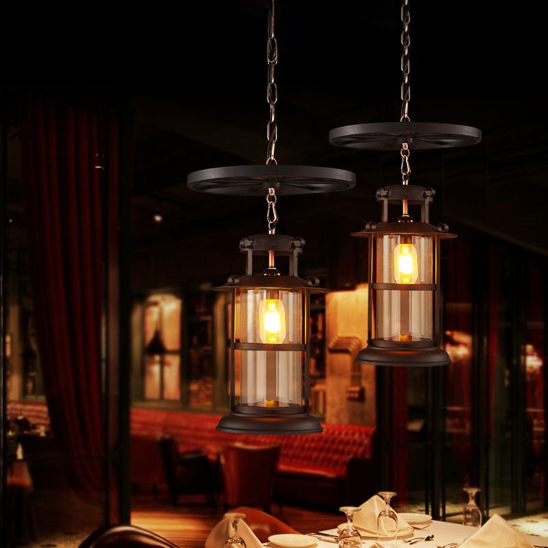 Cylindrical Cage Metal Pendant Lamp Industrial 1 Bulb Dining Room Ceiling Suspension Lamp with Wheel Decoration in Black