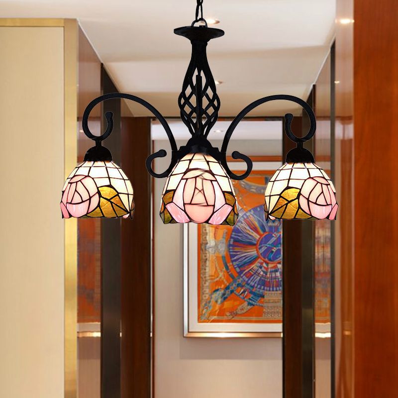 3 Lights Domed Chandelier Retro Style Stained Glass Floral Inverted Chandelier in Pink