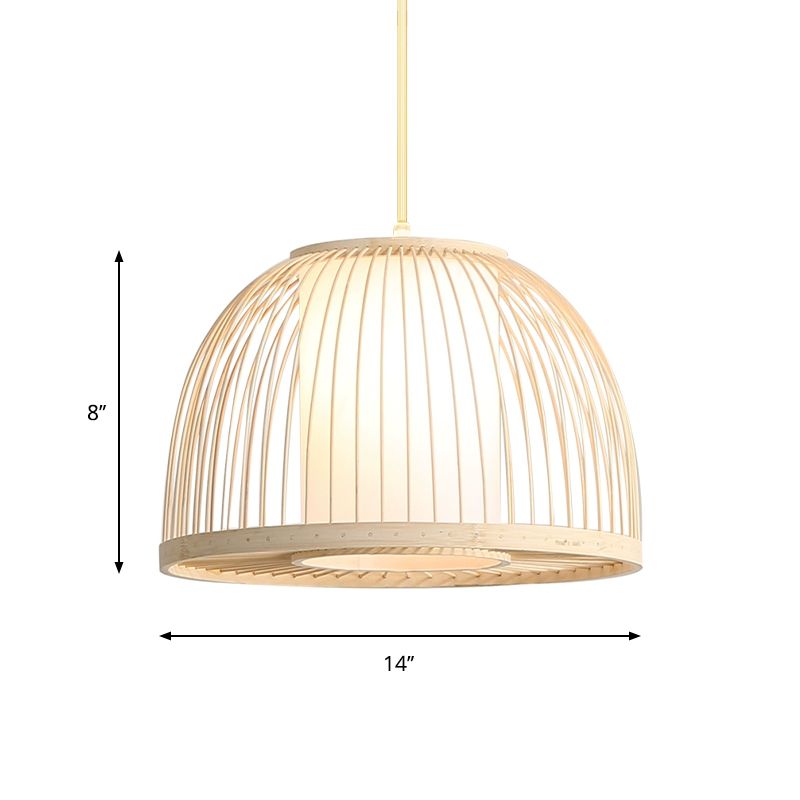 Dome Hanging Light Modernism Bamboo 1 Bulb 14"/16" Wide Wood Ceiling Pendant Lamp with Inner Fabric Shade