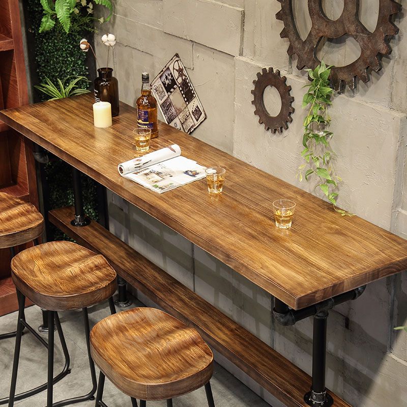 Pine Wood Top Rectangle Bar Table Industrial Bistro Table with Trestle Base