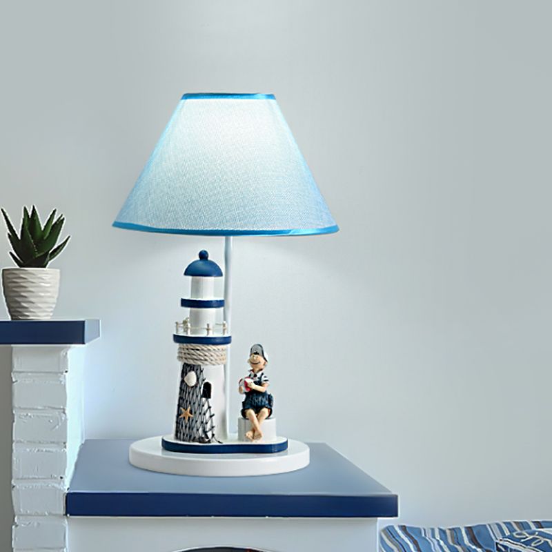 Barrel Shade Night Light Kids Fabric 1 Head Blue Table Lamp with Cartoon Girl/Boy and Lighthouse Decor