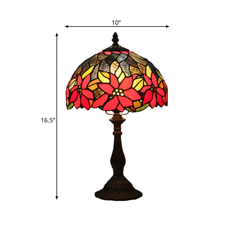 Bowl Shape Desk Lighting 1-Head Stained Art Glass Mediterranean Flower Patterned Table Lamp in Bronze