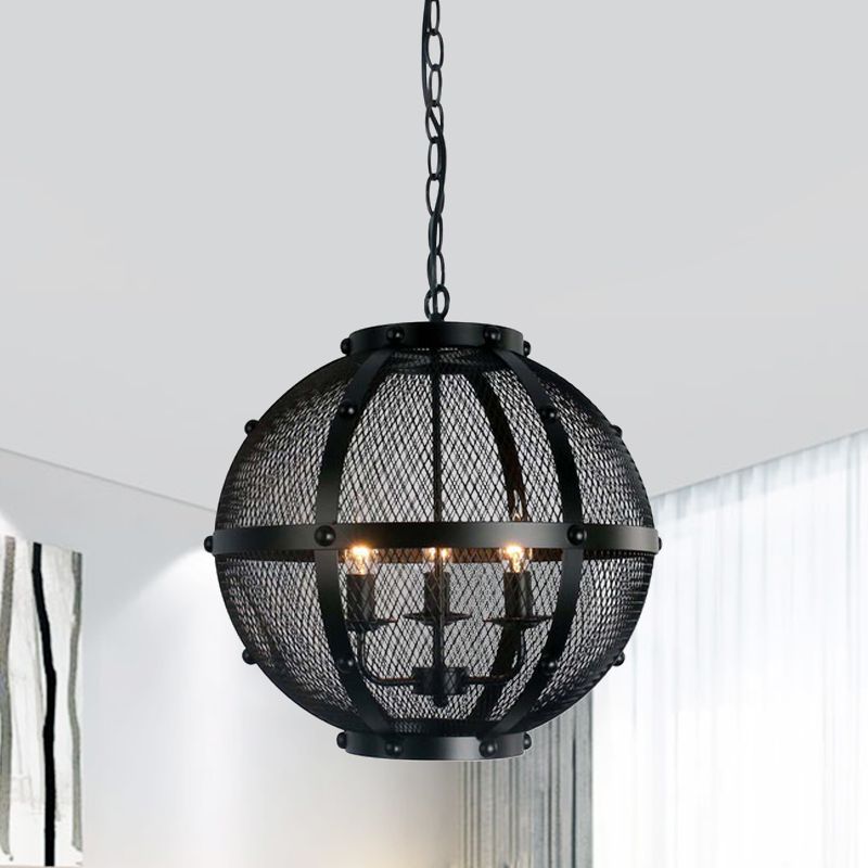 Global Metal Hanging Pendant with Wire Mesh Shade Retro Style 3 Lights Farmhouse Ceiling Fixture in Black