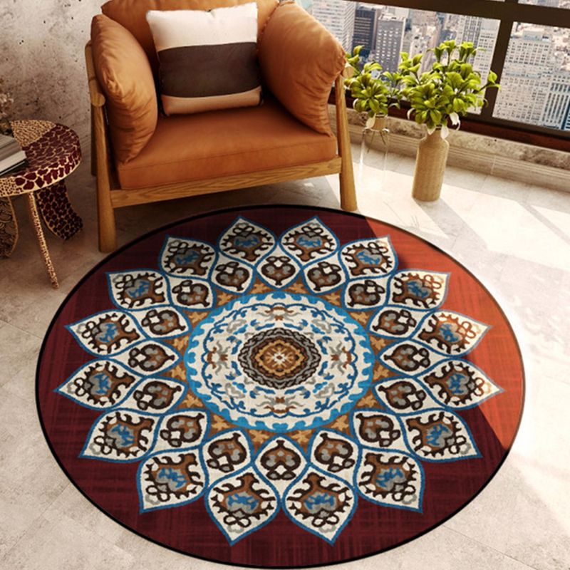 Round Multicolor Concentric Circle Rug Polyester Retro Carpet Easy Care Indoor Rug for Living Room