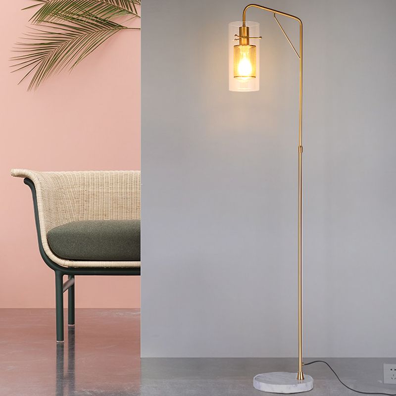 Metal Tube Mesh Reading Floor Lamp Postmodern 1 Light Gold Stand Up Lamp with Clear Glass Shade