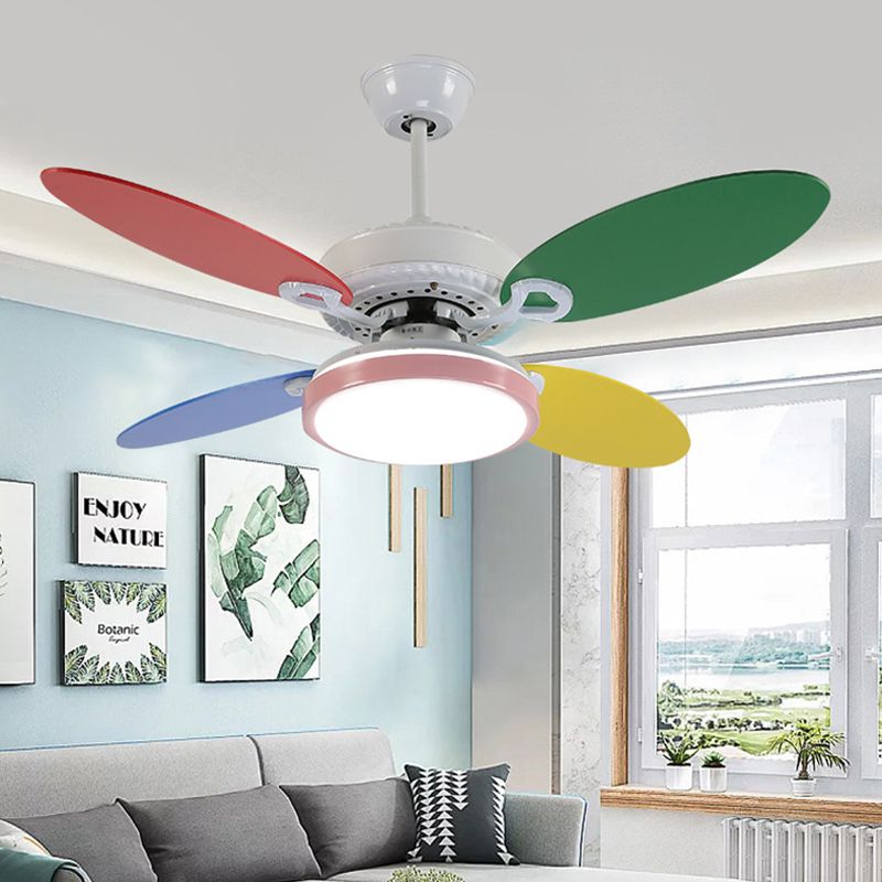 42" W Round Acrylic Semi Flushmount Nordic Kids LED Hanging Ceiling Fan Lamp in White with 4 Colorful Blades