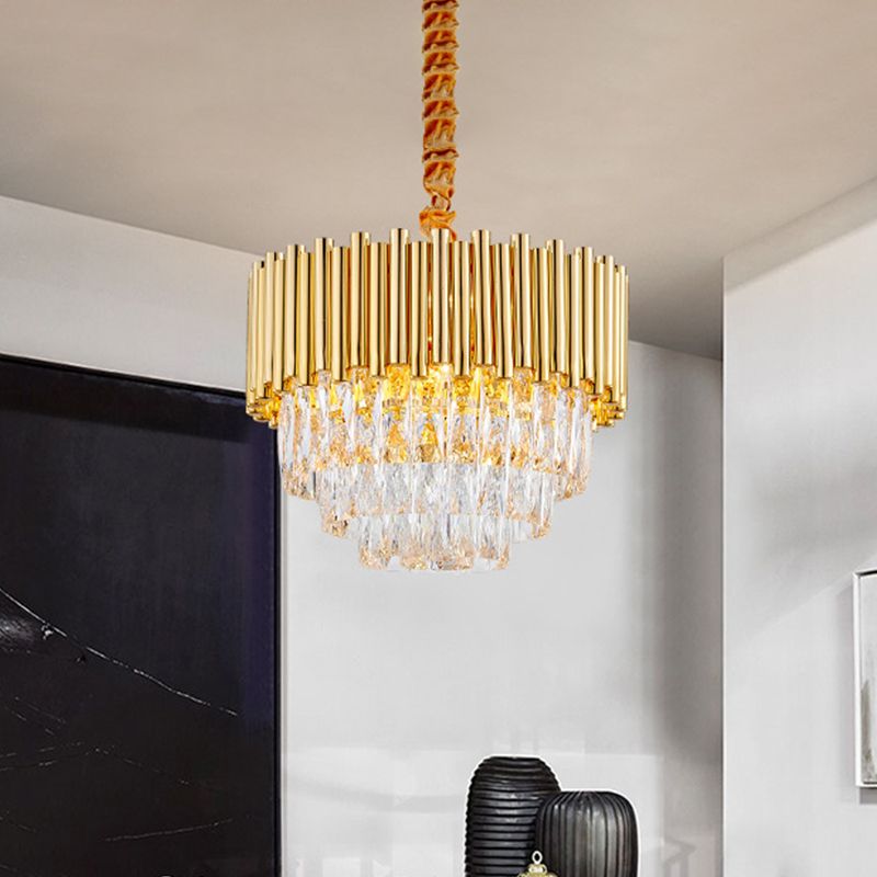 Golden Layered Hanging Chandelier with Crystal Prism Modernist 6/10/12 Bulbs Pendant Light Fixture in Gold Finish