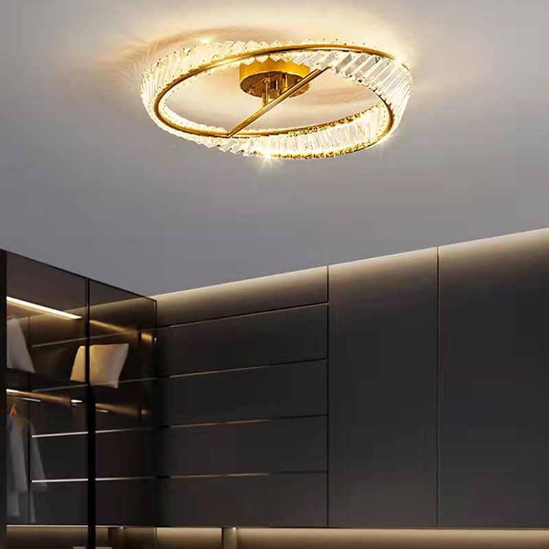 Modern Fashionable Circular LED Ceiling Light Electroplate Metal Semi Flush Mount with Crystal Shade