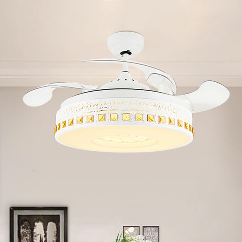 Nordic Round Fan Light 4-Blade LED Metal Semi Flush Mount Ceiling Fixture with Crystal Trim in White, 19.5" Wide