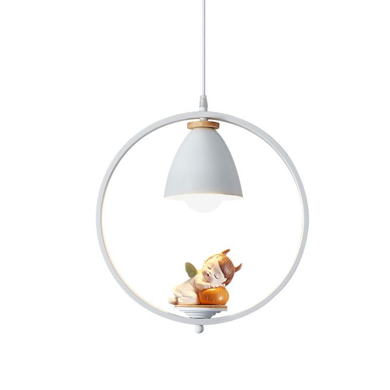 Iron Bell en Ring Hanging Light Kit Noordse 1 kop Witte afwerking Pendulumlamp met varken/meisje/jongen deco