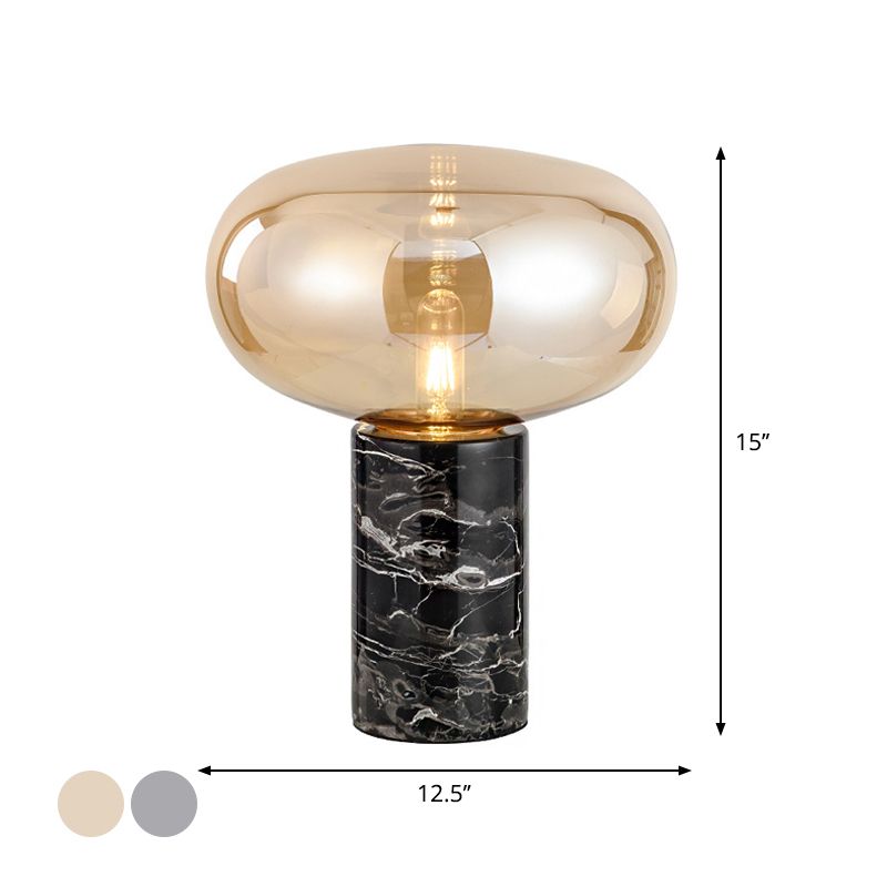 9"/12.5" Wide Cylinder Table Light Designer Marble 1 Head Black Night Lamp with Oval Grey/Amber Glass Shade