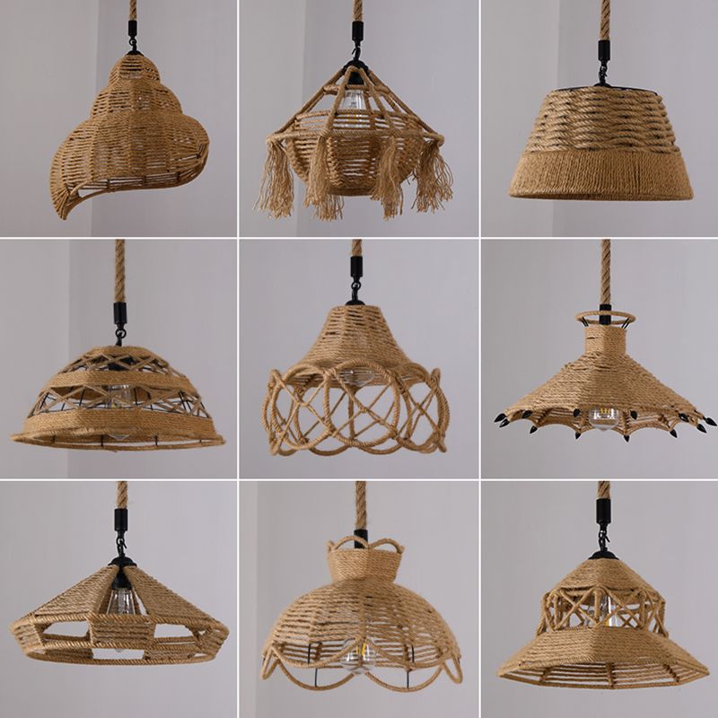 Hand-Woven Hemp Rope Pendant Country Style 1 Head Dining Room Suspension Light in Beige