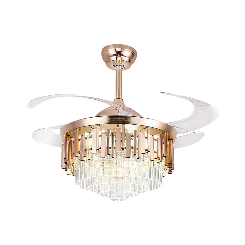 Tiered 4-Blade Semi Flush Mount Light Simple Crystal Rectangle 19" W LED Parlor Pendant Fan Lighting in Gold