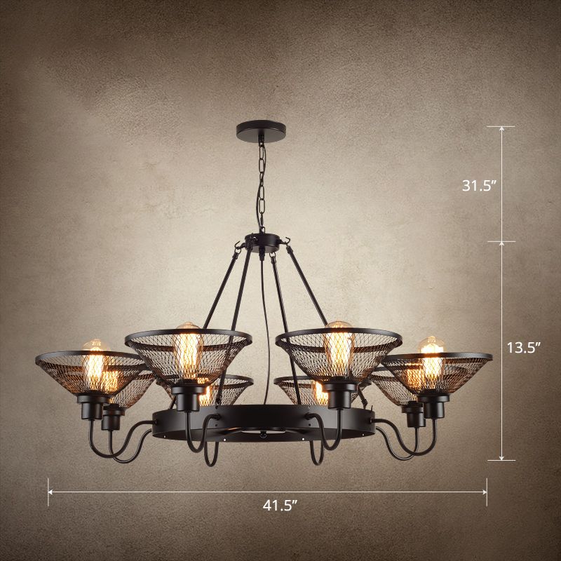 Conical Mesh Shade Chandelier Industrial Black Metallic Suspended Lighting Fixture for Restaurant