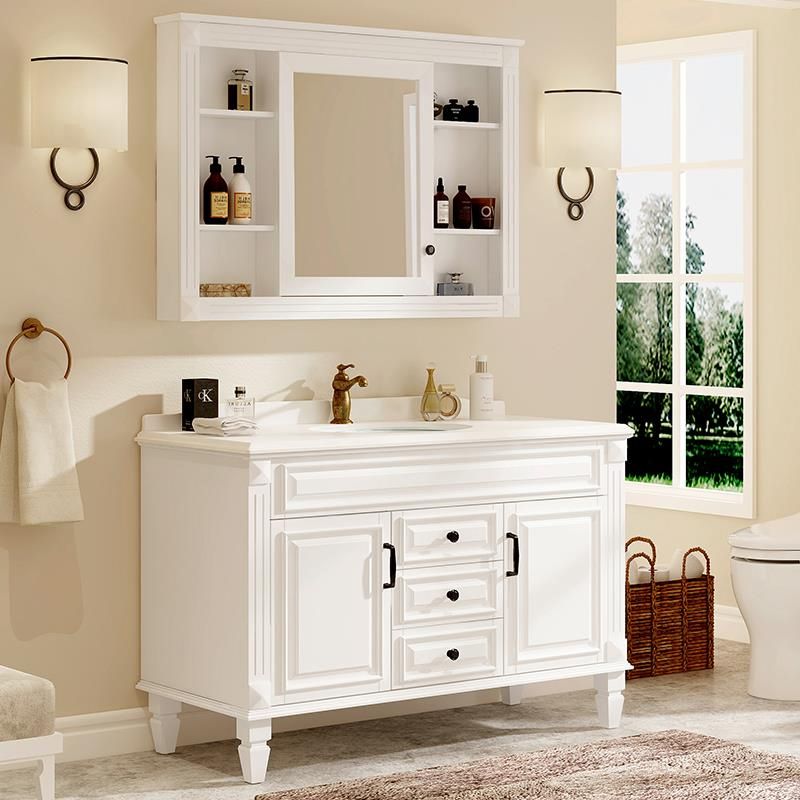 2 Doors Vanity Wood Frame Mirror Freestanding Oval Single Sink Drawers Bath Vanity